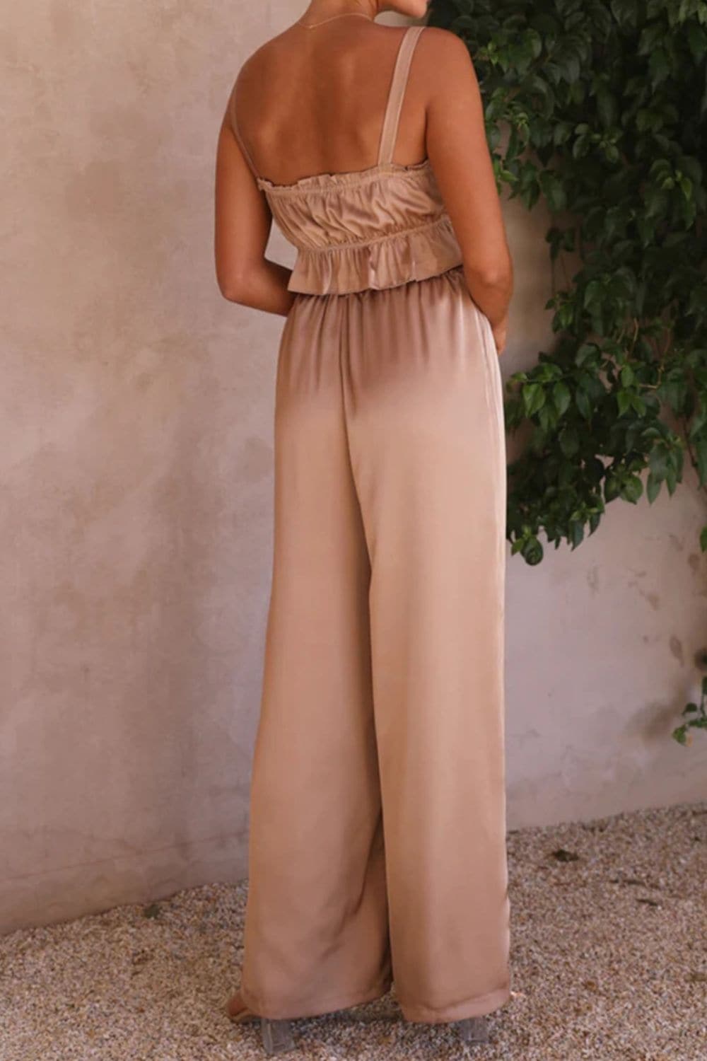 Ruffled Sleeveless Top and Wide Leg Pants Set.