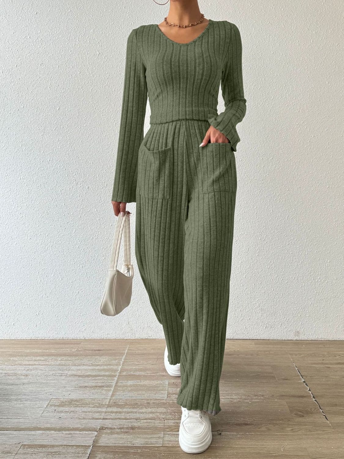 Chic ribbed V-neck long sleeve top and pocketed lounge pants set