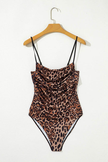 Brown Spaghetti Straps Ruched Leopard Bodysuit for Women