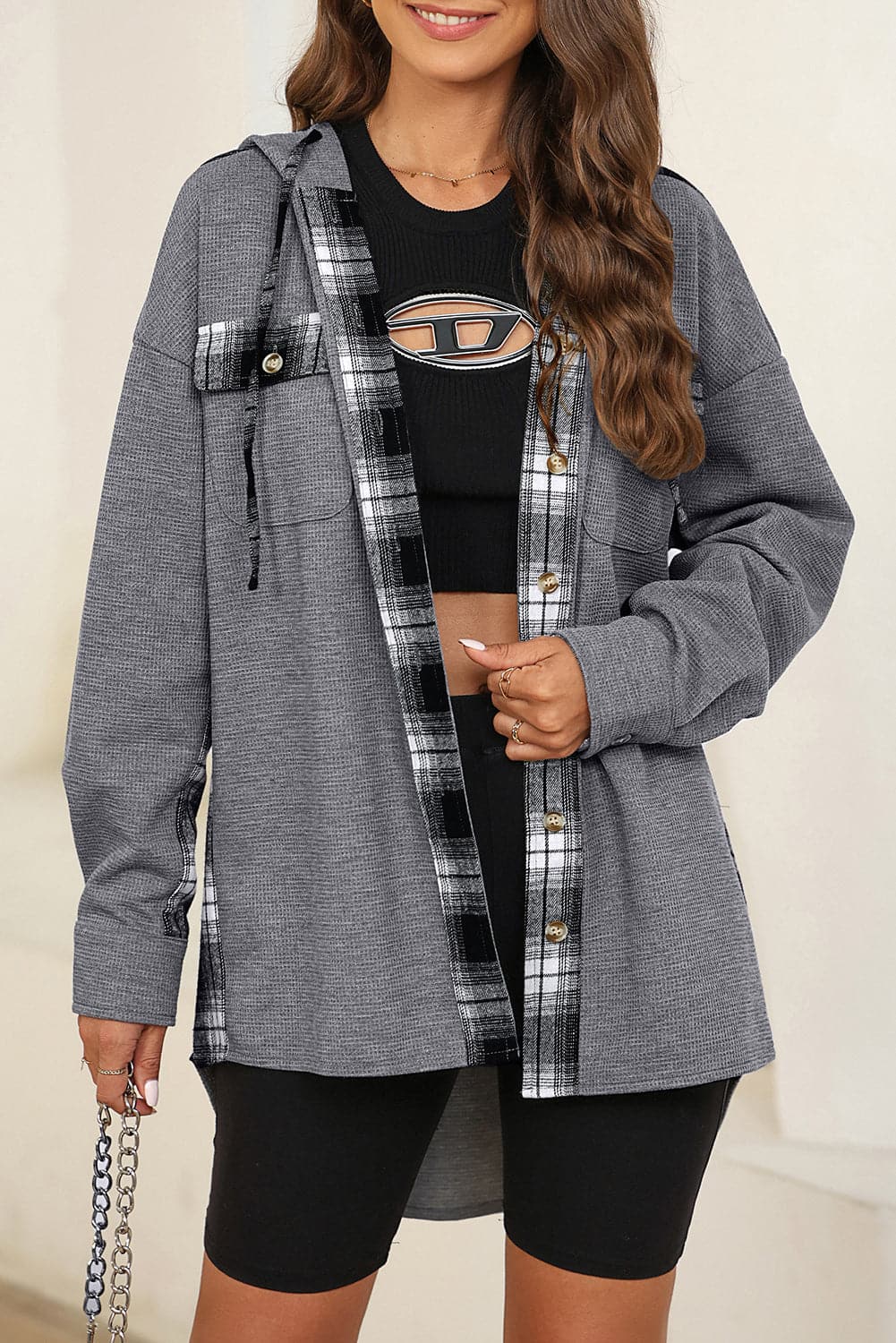 Plaid Waffle-Knit Drawstring Hooded Jacket.