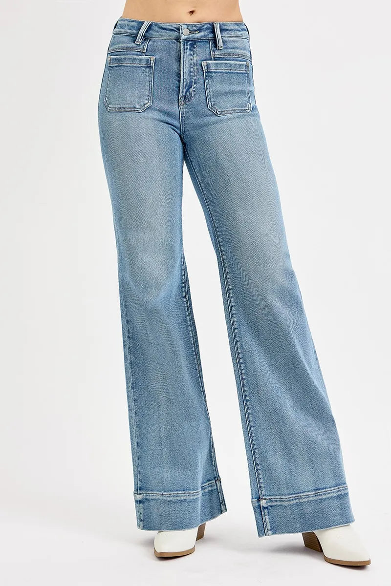 Risen Full Size High Rise Wide Flare Patch Pocket Jeans Plus Size - Love Salve 