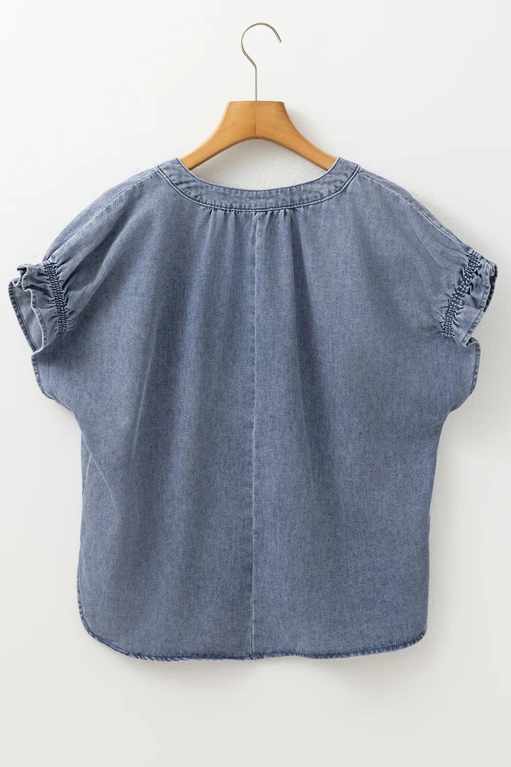 V Neck Ruffled Short Puff Sleeve Denim Top