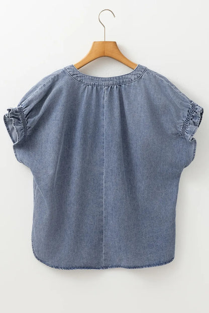 V Neck Ruffled Short Puff Sleeve Denim Top