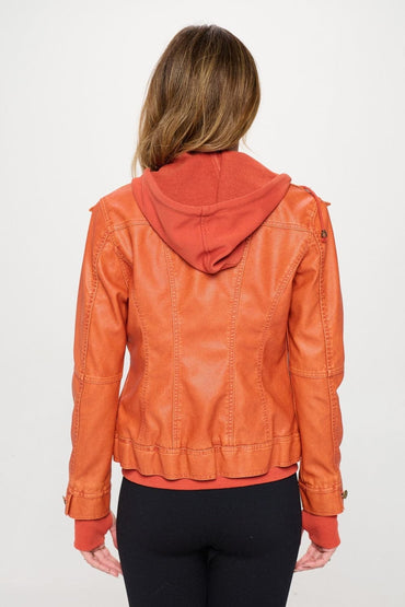 Stylish vegan leather hooded jacket