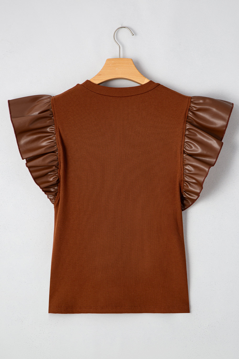 Cinnamon Ruffle Sleeve Faux Leather Round Neck Blouse