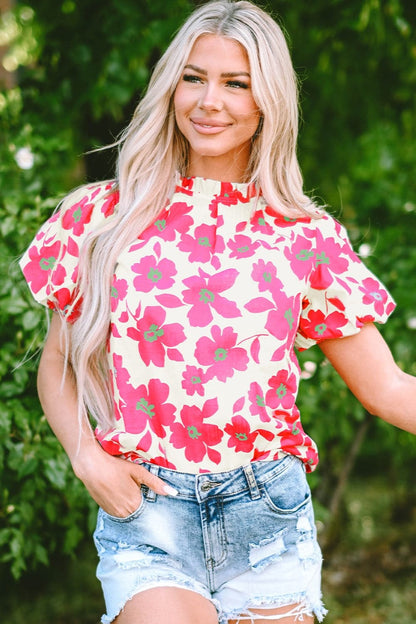 Printed Mock Neck Puff Sleeve Blouse.