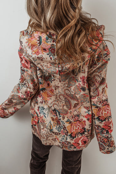 Beige floral paisley hooded Sherpa jacket for a vintage vibe