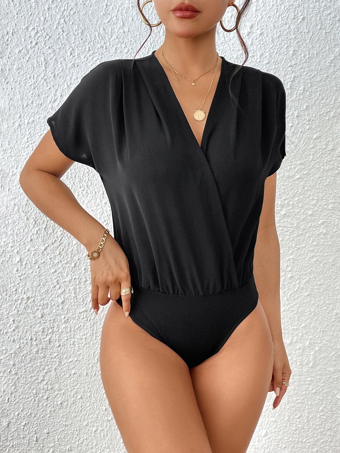 Surplice Short Sleeve Ruched Bodysuit.