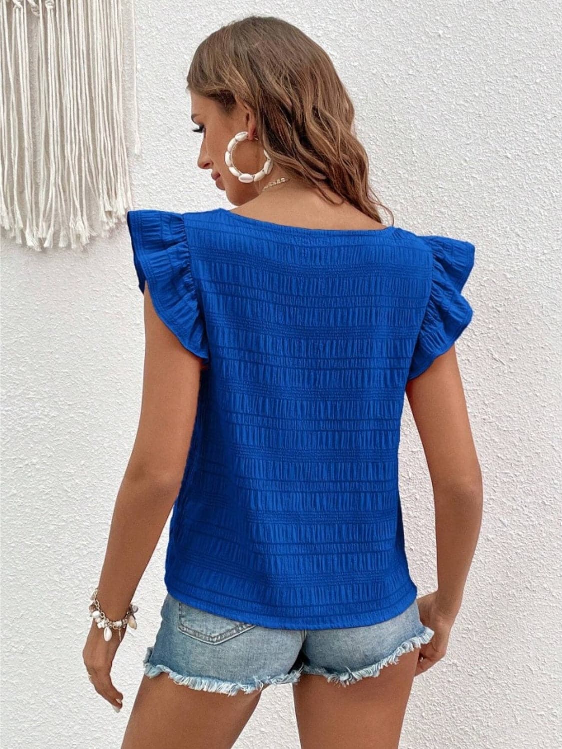 Ruffled Square Neck Cap Sleeve Blouse.