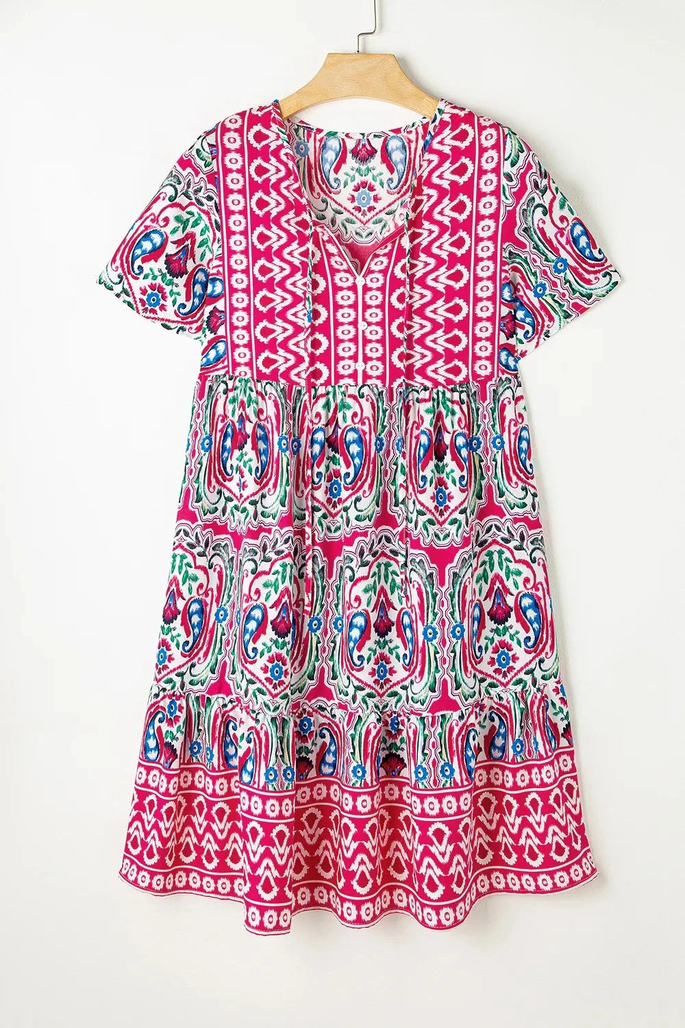 Printed Tie Neck Short Sleeve Dress Simply Love