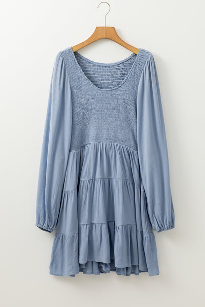 Ashleigh Blue V Neck Smocked Tiered Mini Dress with Long Sleeves