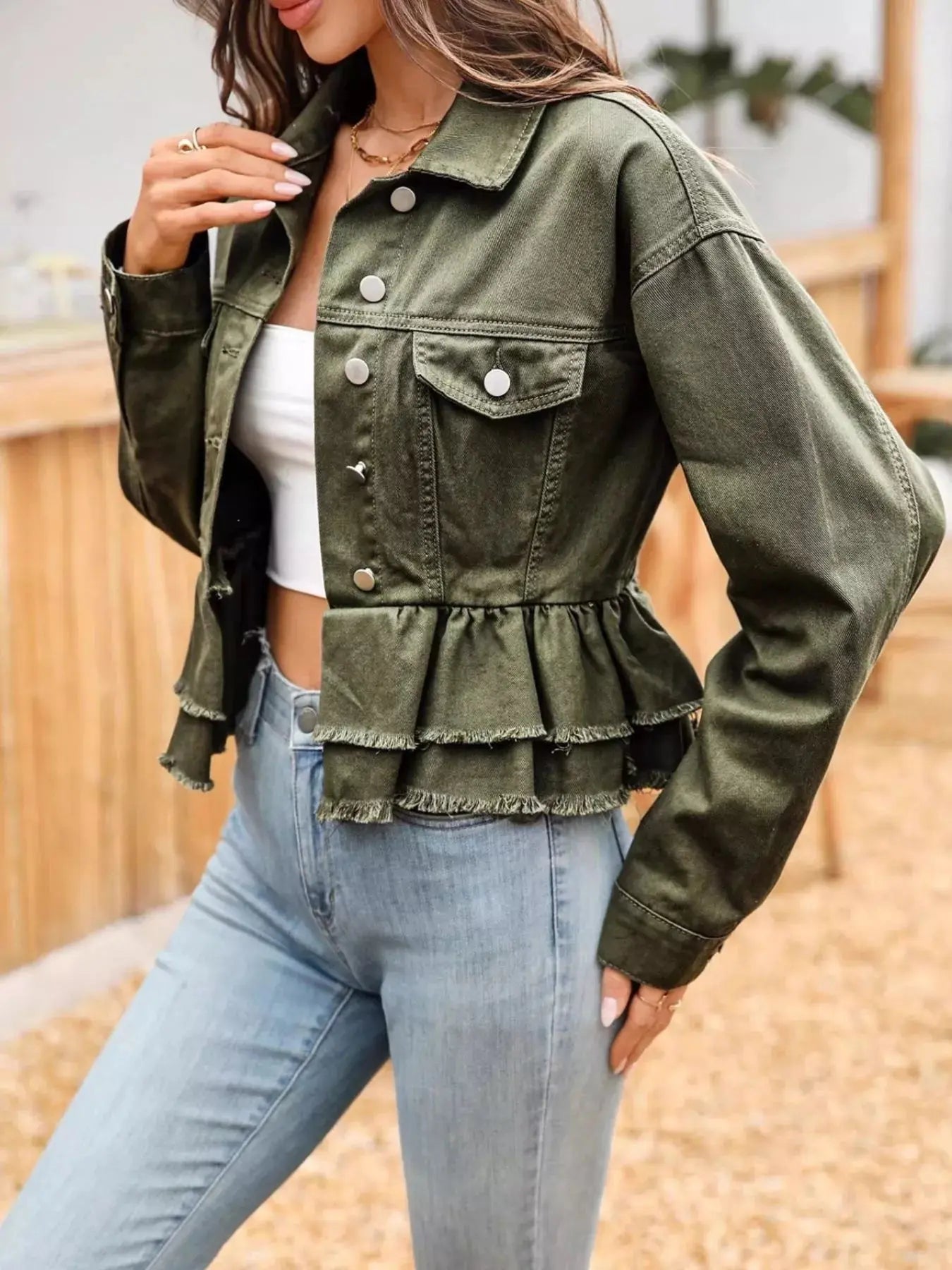Ruffle Raw Hem Denim Jacket Simply Love