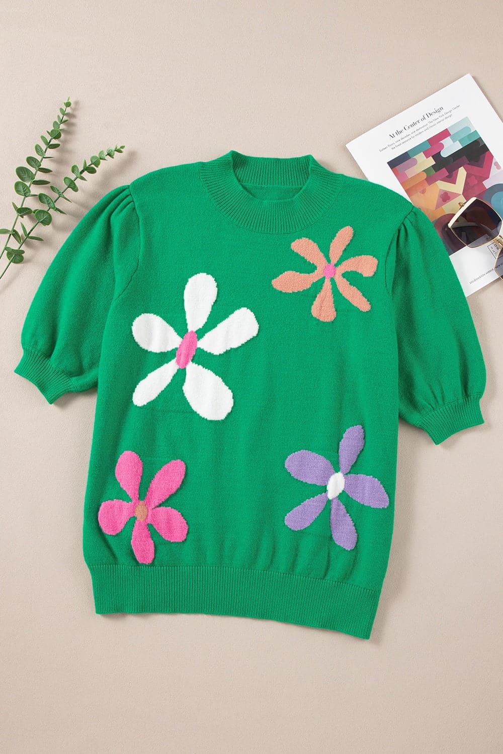 Flower Mock Neck Short Sleeve Sweater.