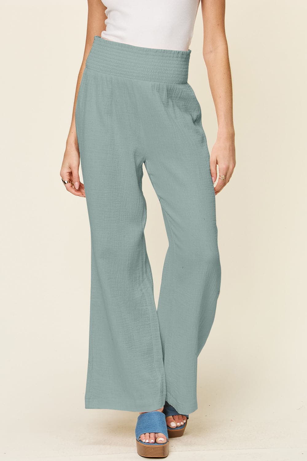 Double Take Full Size Texture Smocked Waist Wide Leg Pants.