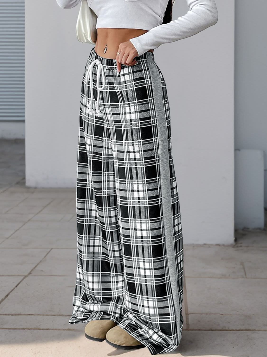 Plaid Wide Leg Drawstring Trousers by Perfee