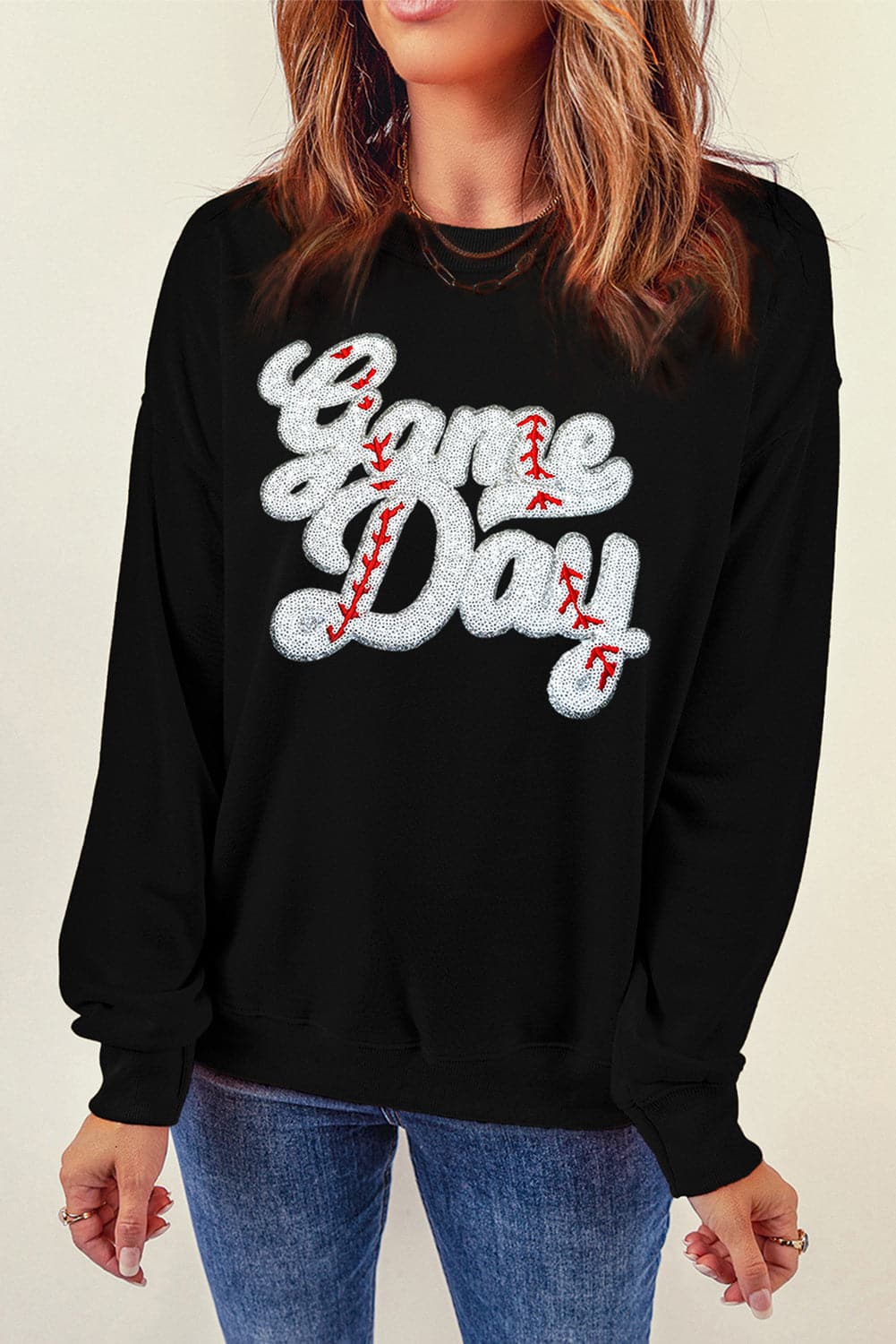 Letter Graphic Round Neck Long Sleeve SweatshirtFeatures: Sequin
Sheer: Opaque
Stretch: No stretch
Material composition: 50% polyester, 50% cotton
Care instructions: Machine wash cold. Tumble dry low.
Imported


SLove Salve Letter Graphic Round Neck Long Sleeve SweatshirtSweatshirts & Hoodies