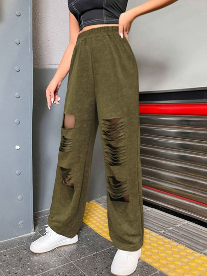 Distressed Straight Leg Pants with Elastic Waistband