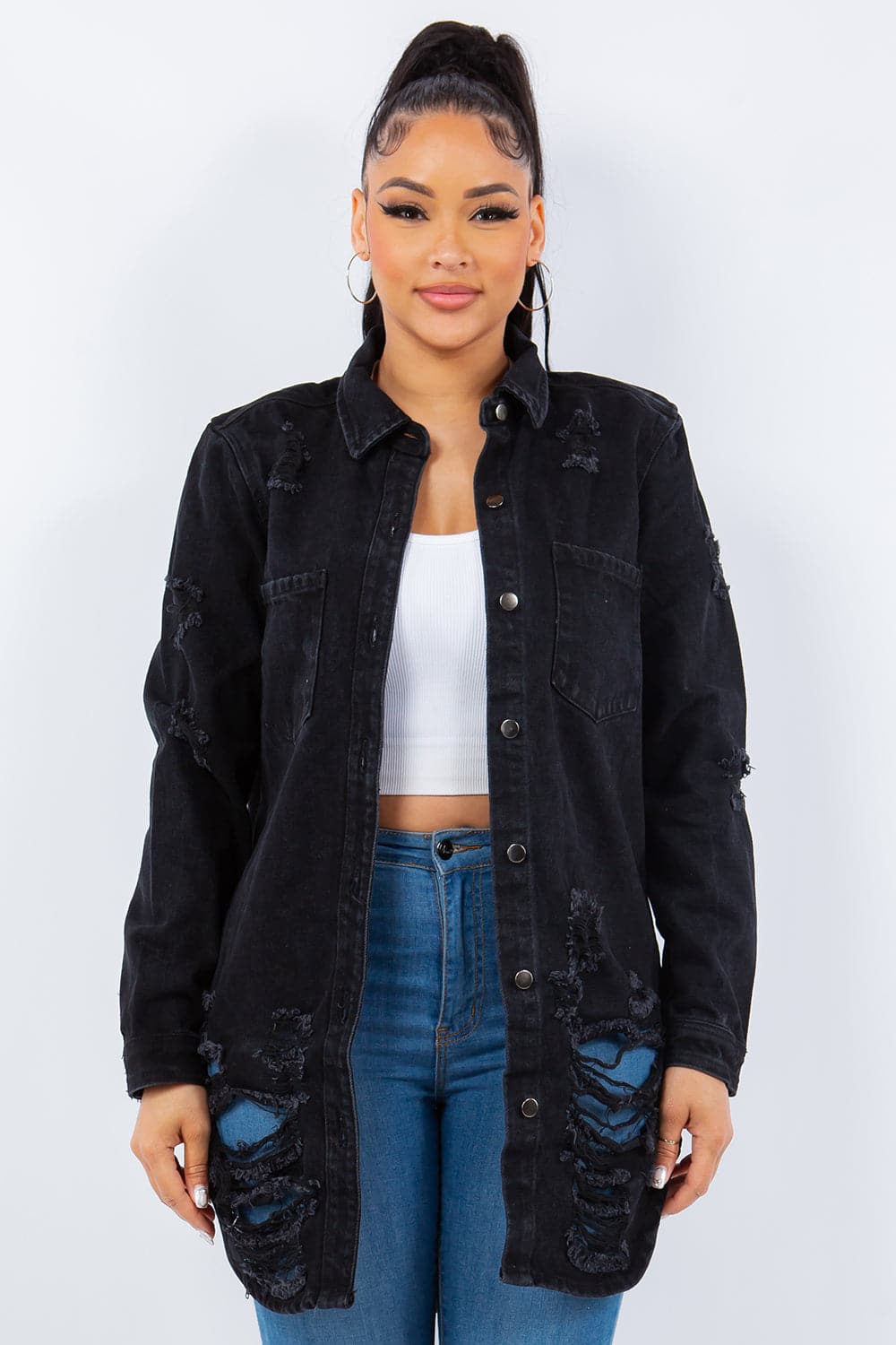 Distressed denim jacket for women