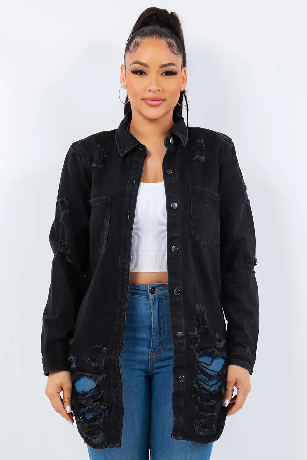 American Bazi Distressed Button Up Long Sleeve Denim Jacket - Love Salve 