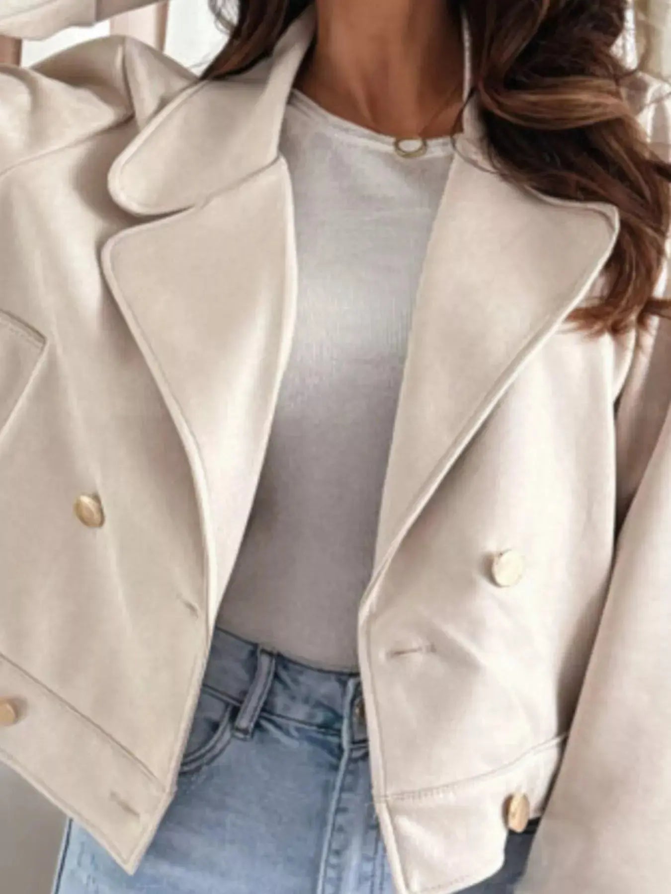 Beige Polyester Double Breasted Lapel Collar Jacket With Pockets Simply Love