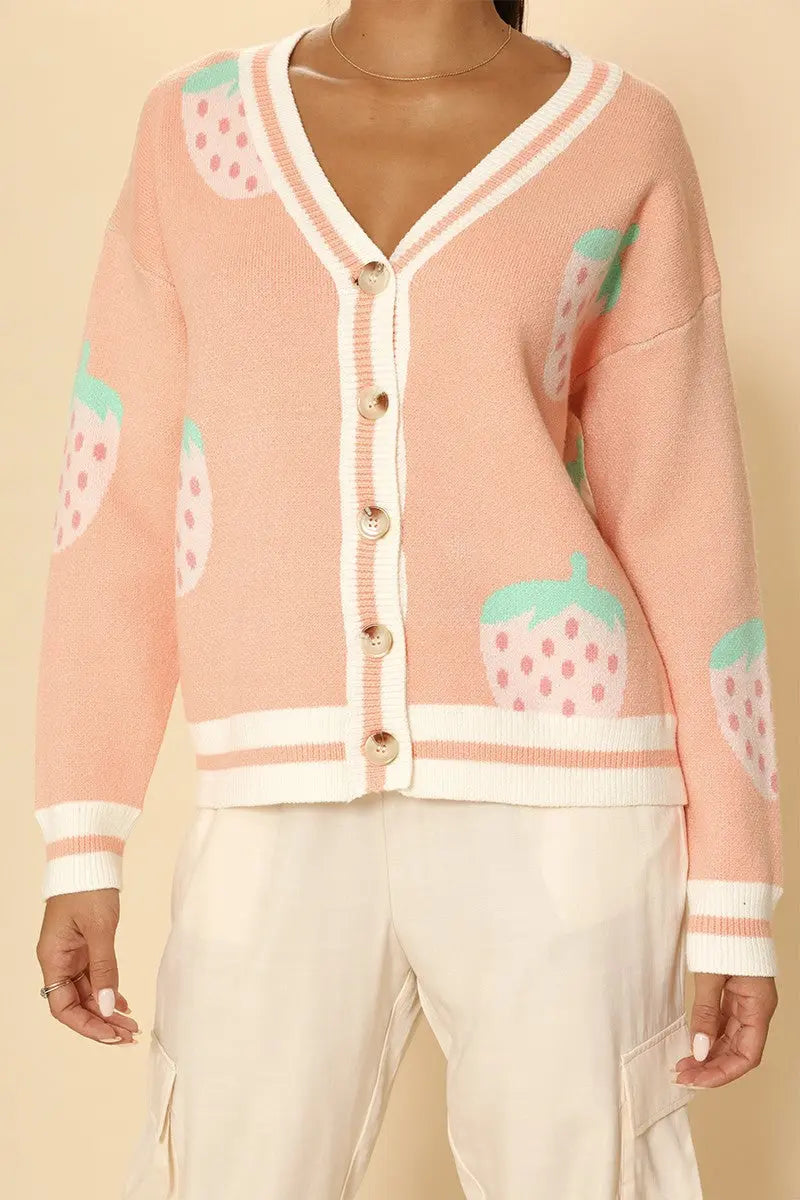 Strawberry Knit Cardigan Button Front V Neck All Original Intarsia Miss Sparkling