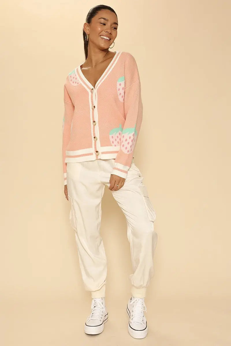 Strawberry Knit Cardigan Button Front V Neck All Original Intarsia Miss Sparkling