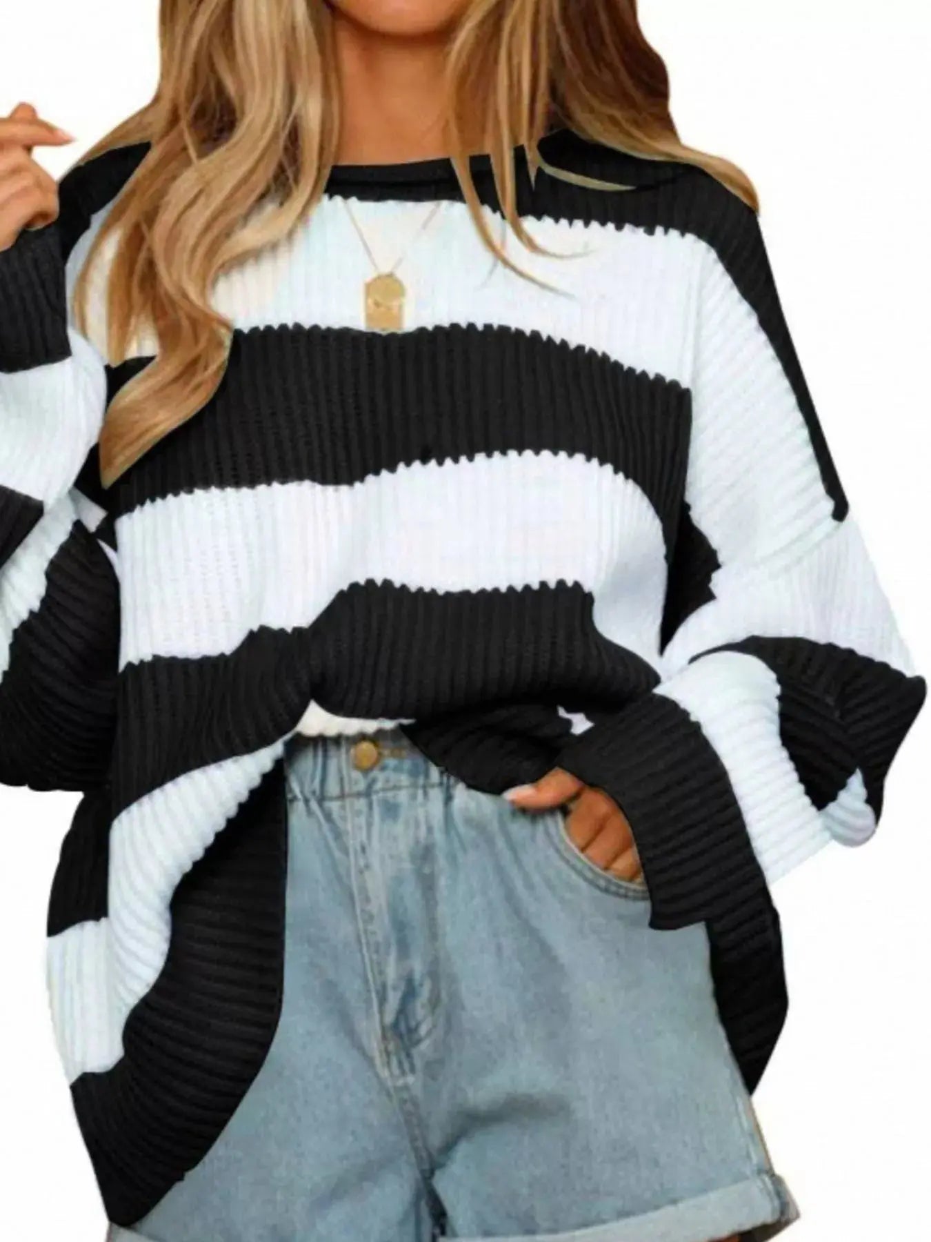 Full Size Contrast Striped Round Neck Sweater Plus Size Simply Love