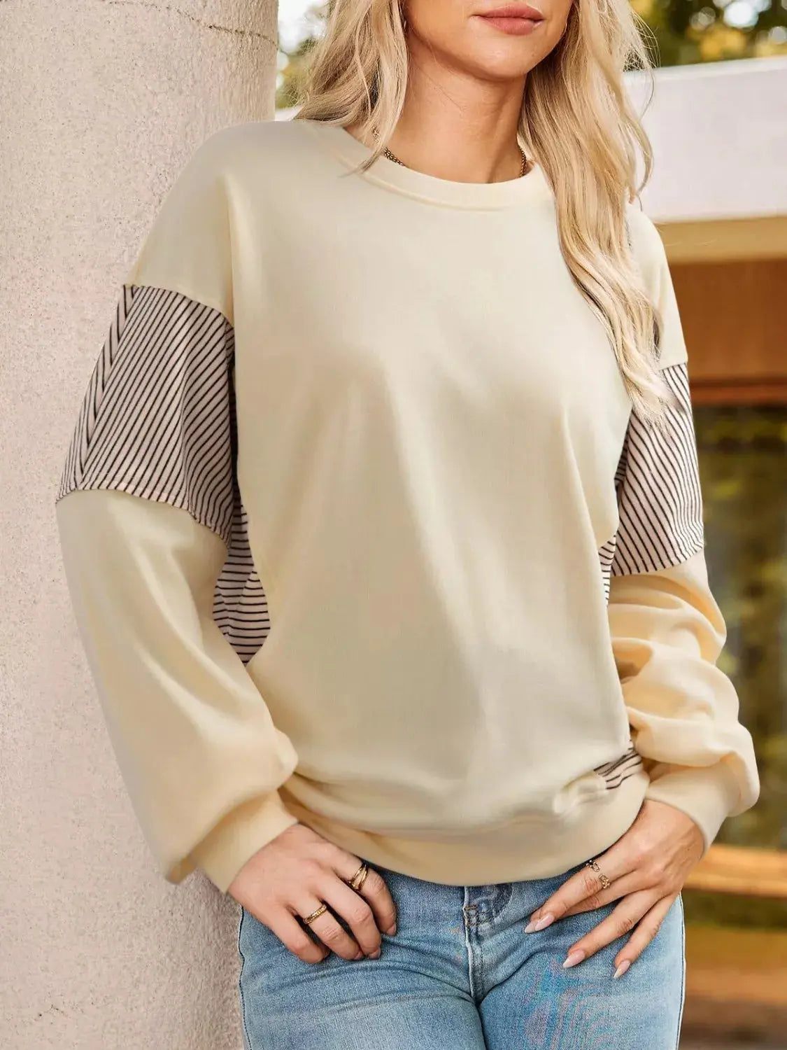 Color Block Striped Sleeve Casual Sweatshirt Simply Love