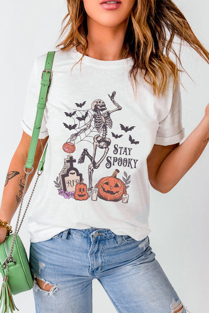 Stay spooky graphic tee featuring a skull pumpkin design for Halloween fun