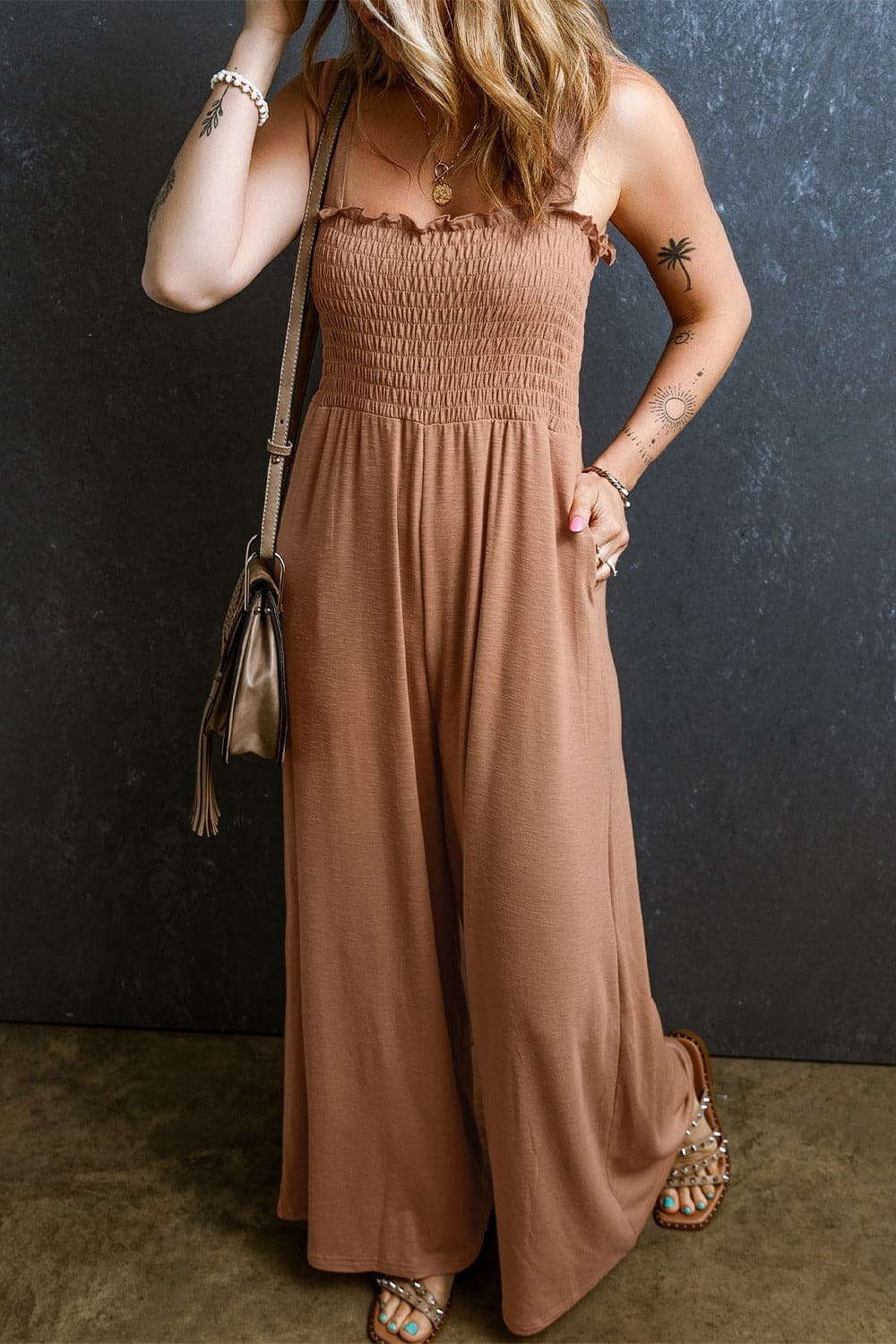 Frill Smocked Wide Leg Jumpsuit.