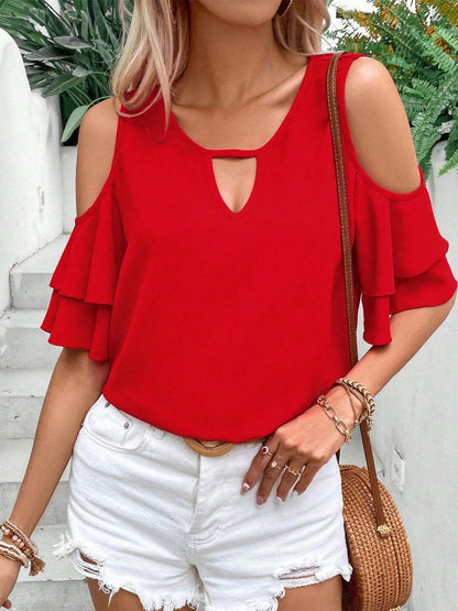 Cold Shoulder Flounce Sleeve Blouse.