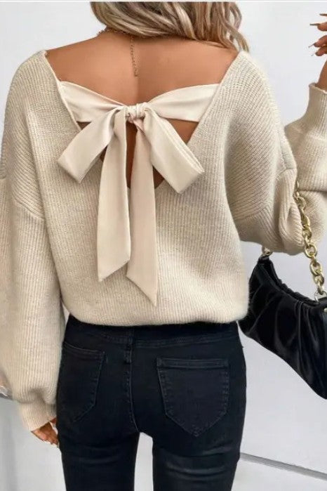 Back Tie Detail V-Neck Sweater Miss Sparkling