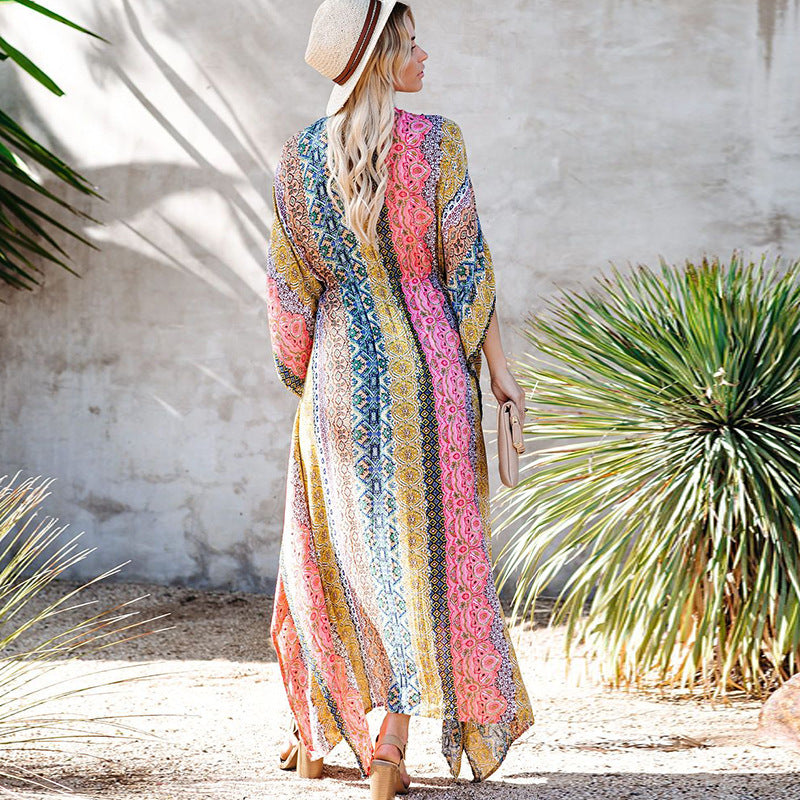 Rayon Printed Beach Jacket Vacation Loose Mid Length Sun Protection Cardigan Bikini Swimsuit Outwear Blouse Bella Mia