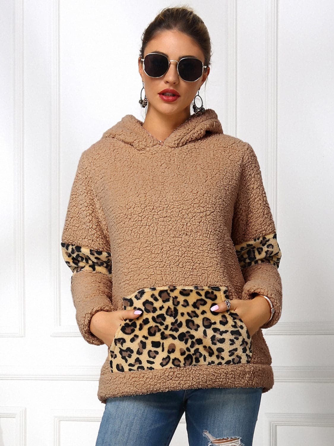 Sherpa Leopard Long Sleeve Hoodie.