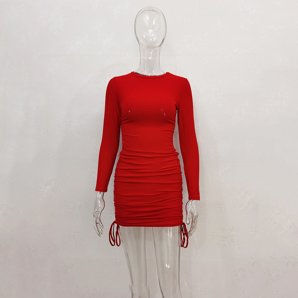 Women Sexy Sunken Stripe Long Sleeve Drawstring Adjustable Dress Women Clothing Bella Mia