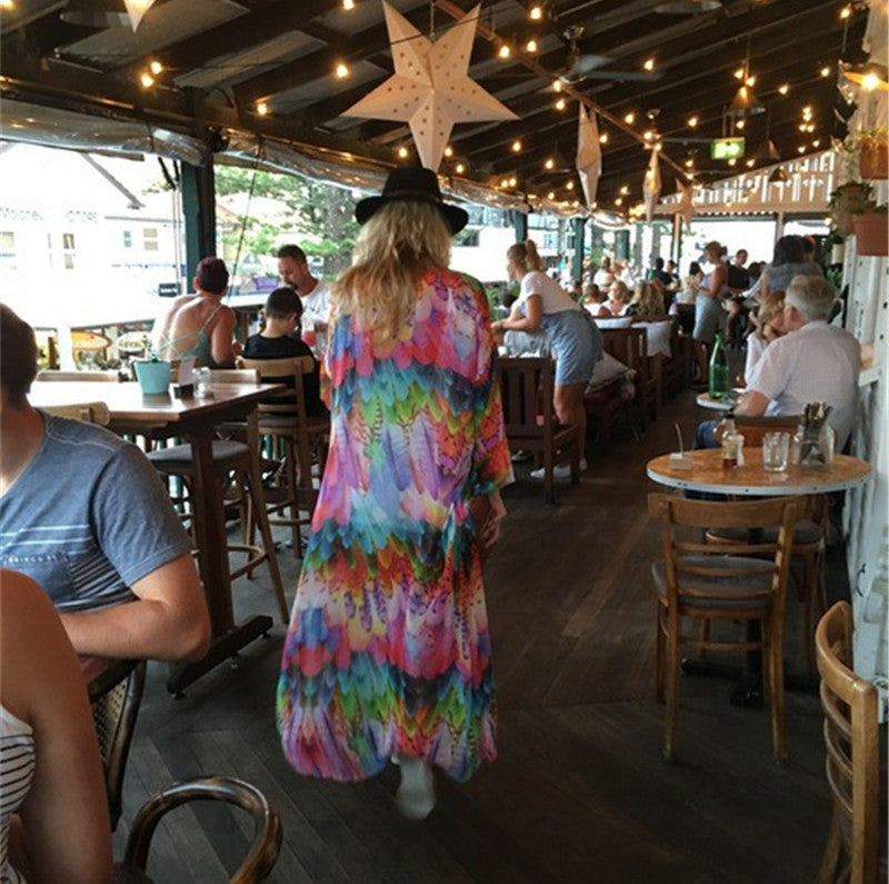 Beach Cover up Chiffon Colorful Feather Print Sun Protection Shirt Sexy Cardigan Loose Beach Cover Up Bella Mia