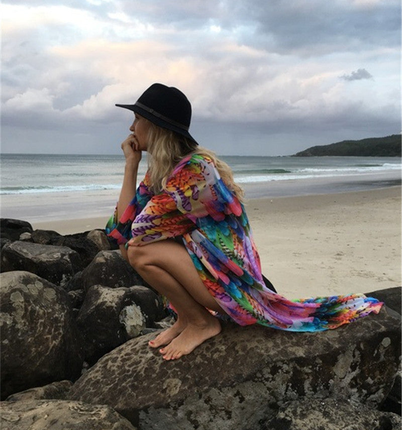 Beach Cover up Chiffon Colorful Feather Print Sun Protection Shirt Sexy Cardigan Loose Beach Cover Up Bella Mia