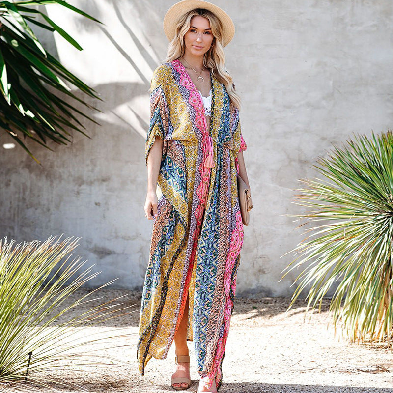 Rayon Printed Beach Jacket Vacation Loose Mid Length Sun Protection Cardigan Bikini Swimsuit Outwear Blouse Bella Mia