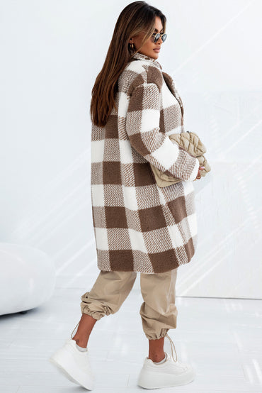 Chic brown plaid open front coat with lapel collar