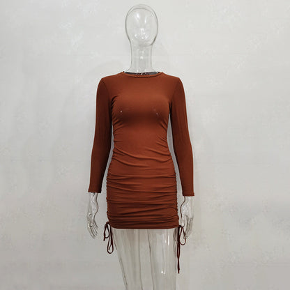 Women Sexy Sunken Stripe Long Sleeve Drawstring Adjustable Dress Women Clothing