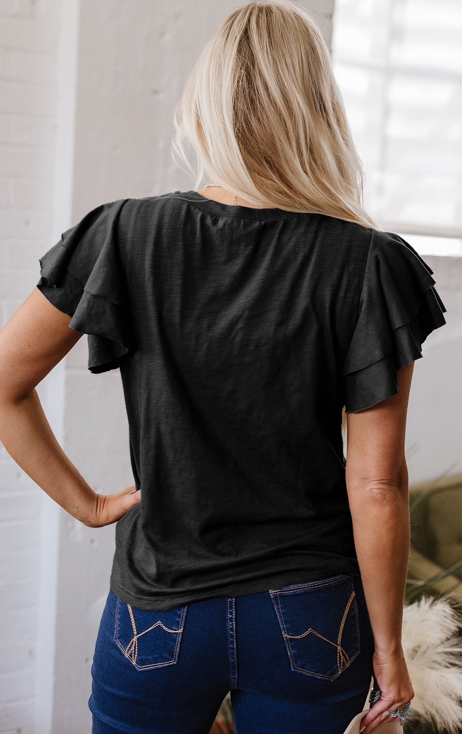 Black Layered Ruffle Short Sleeve Round Neck Top for Women