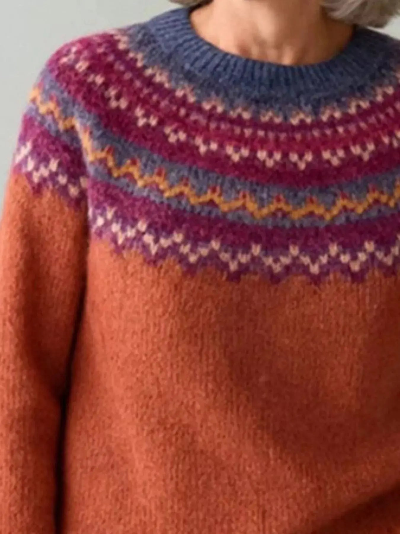 Full Size Vintage Patterned Round Neck Sweater Plus Size Simply Love