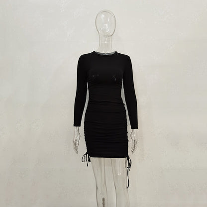 Women Sexy Sunken Stripe Long Sleeve Drawstring Adjustable Dress Women Clothing