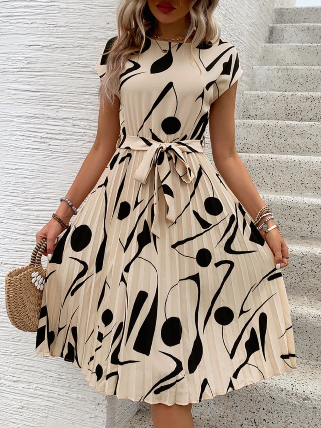 Tied Pleated Printed Cap Sleeve Dress.