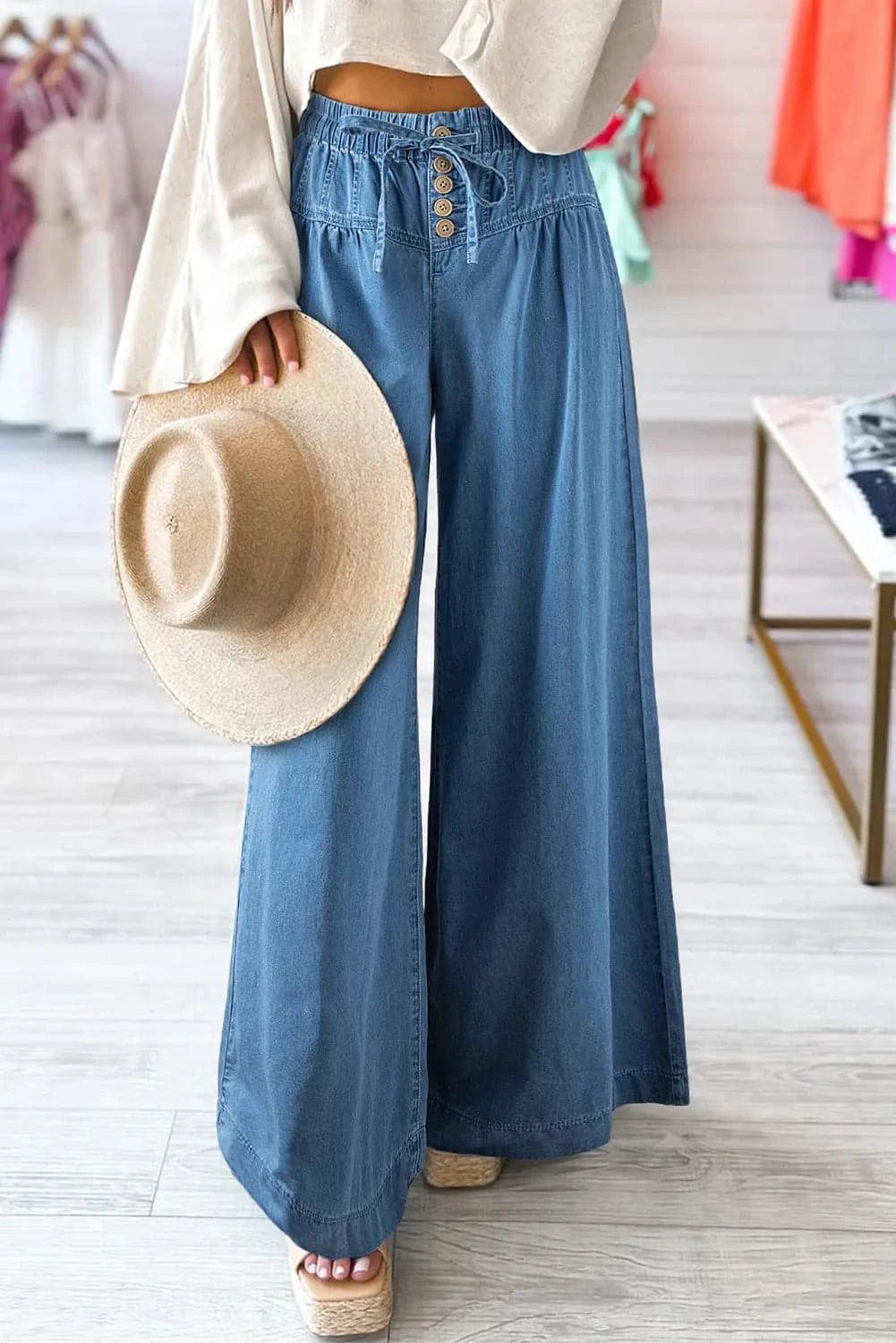 Drawstring Elastic Waist Wide Leg Jeans.