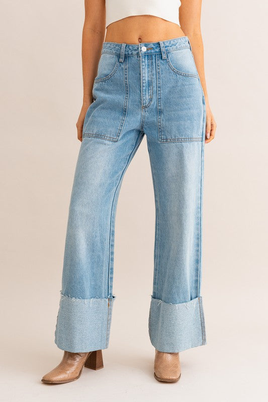 High-waisted cuffed wide leg jeans