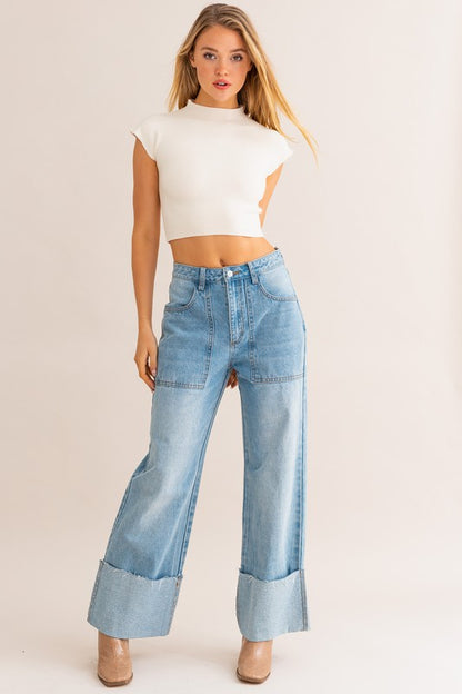 High-waisted cuffed wide leg jeans