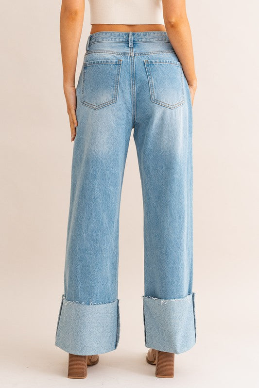 High-waisted cuffed wide leg jeans