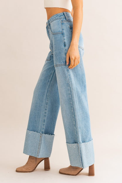 High-waisted cuffed wide leg jeans