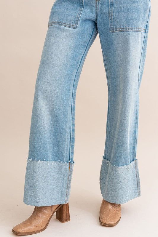 High-waisted cuffed wide leg jeans